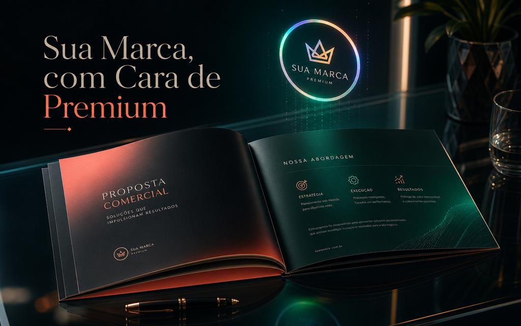 Proposta editorial impressa em layout premium, com capa escura, identidade visual da marca e tipografia sofisticada